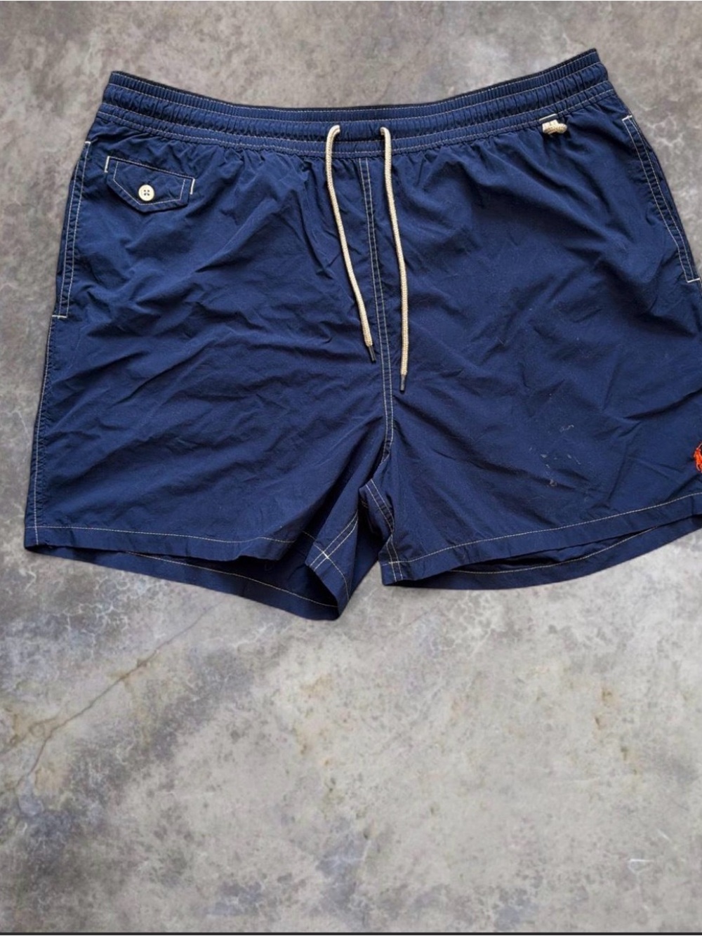 2000s Vintage Ralph Lauren Men's Navy Swim Shorts with Drawstring